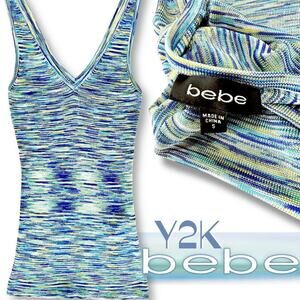 Vintage Bebe Space Dye Rayon Knit Cami Tank Top Blue Green Y2K Stretch Size S